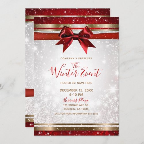 Red Bow  Gold White Sparkle Elegant Holiday Event Invitation