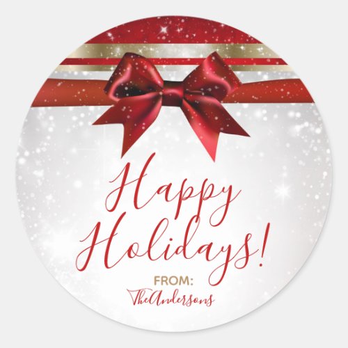 Red Bow  Gold White Sparkle Elegant Holiday Favor Classic Round Sticker
