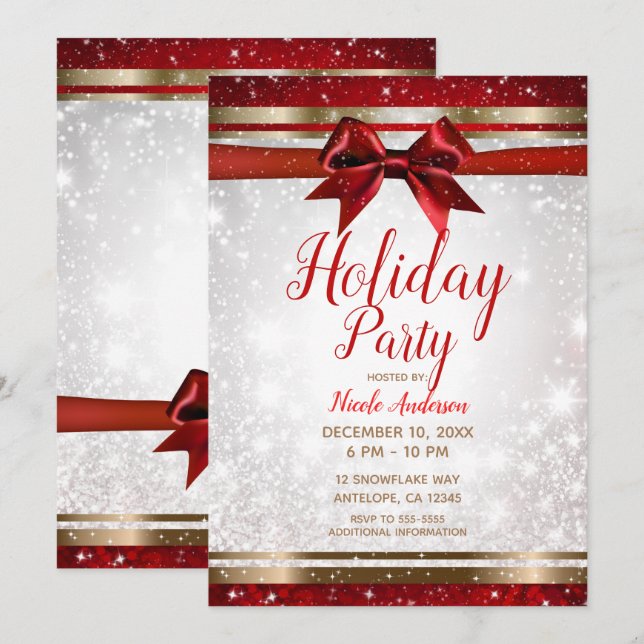 Red Bow & Gold White Sparkle Elegant Holiday Party Invitation (Front/Back)