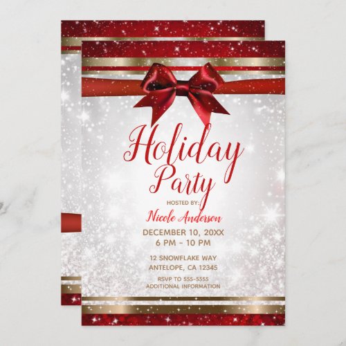 Red Bow  Gold White Sparkle Elegant Holiday Party Invitation