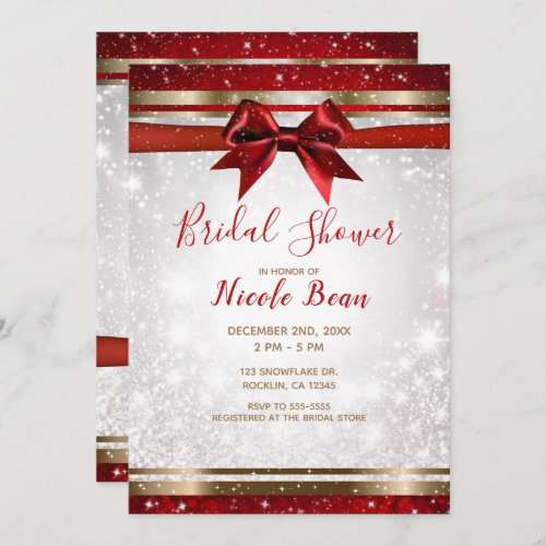 Red Bow  Gold White Sparkle Holiday Bridal Shower Invitation