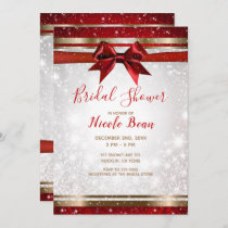 Red Bow & Gold White Sparkle Holiday Bridal Shower Invitation