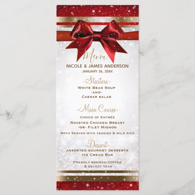 Red Bow & Gold White Sparkle Holiday Party Menu (Front)
