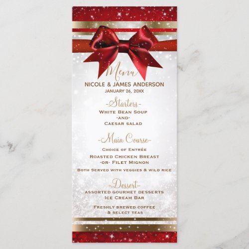 Red Bow  Gold White Sparkle Holiday Party Menu