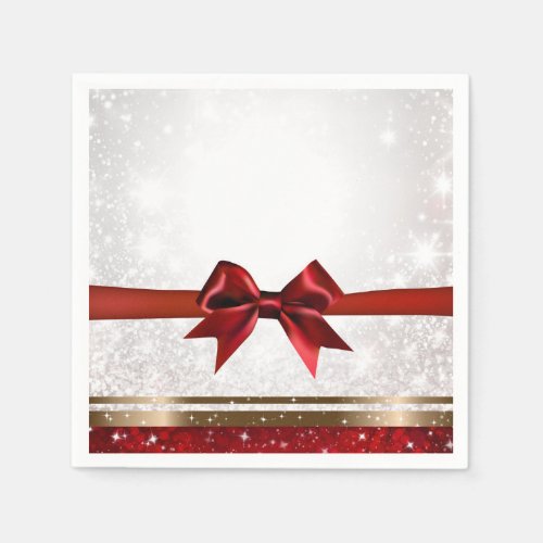 Red Bow  Gold White Sparkle Holiday Party Napkins