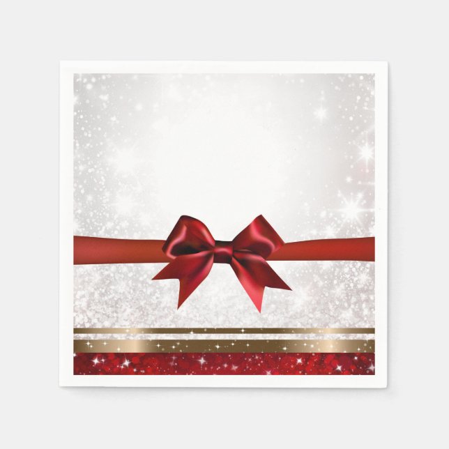 Red Bow & Gold White Sparkle Holiday Party Napkins (Front)