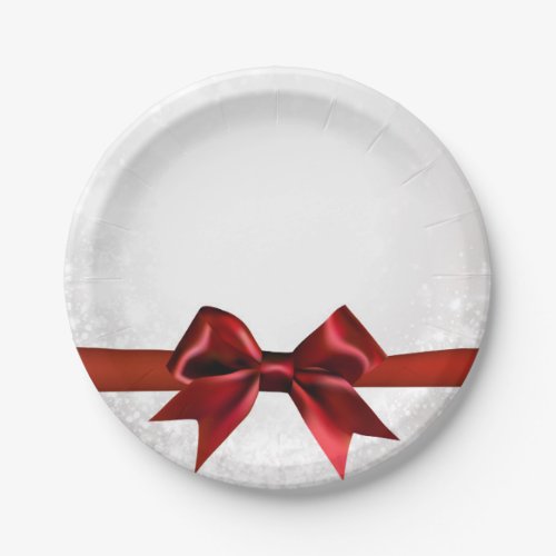 Red Bow  Gold White Sparkle Holiday Party Paper Plates