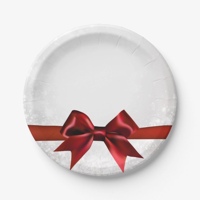Red Bow & Gold White Sparkle Holiday Party Paper Plates (Front)