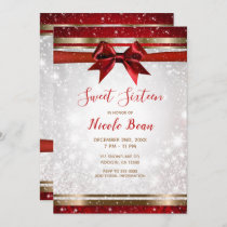 Red Bow & Gold White Sparkle Holiday Sweet 16 Invitation