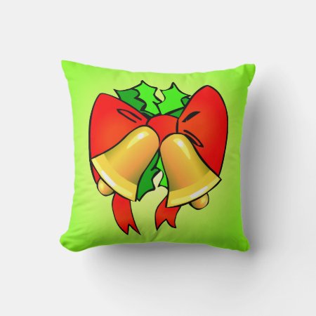 Red Bow Golden Bells Holly Leaves Green Holiday Throw Pillow