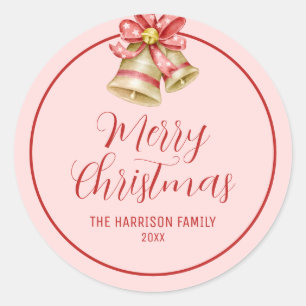 Red Bow Golden Jingle Bell Pink Classic Round Sticker