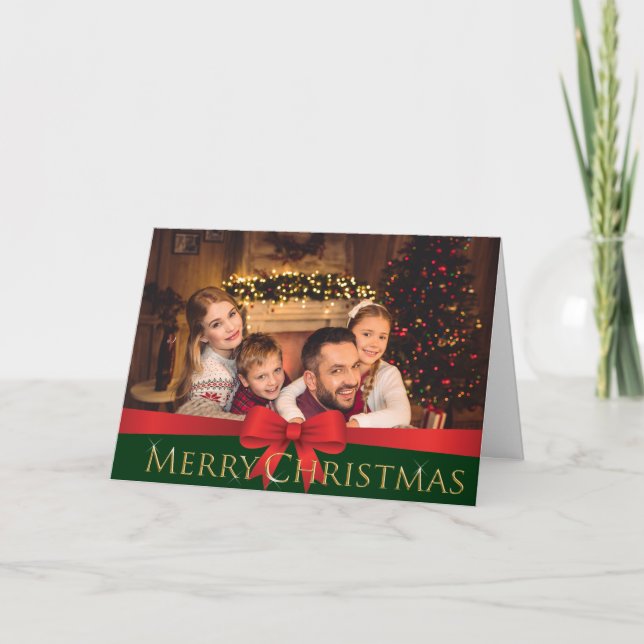 Red Bow Golden Merry Christmas Photo Holiday Card (Front)