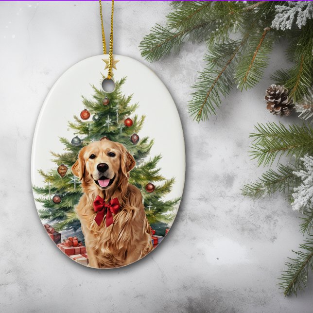 Red Bow Golden Retriever Dog Christmas Ceramic Ornament (Creator Uploaded)