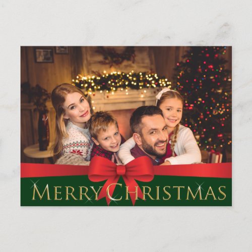 Red Bow Golden Sparkling  Merry Christmas Photo Holiday Postcard