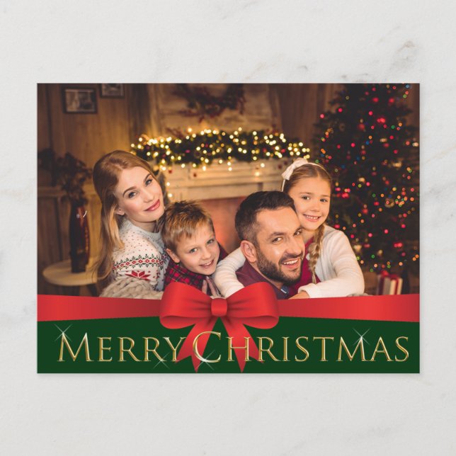 Red Bow Golden Sparkling  Merry Christmas Photo Holiday Postcard (Front)