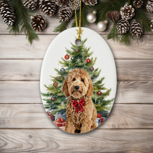 Red Bow Goldendoodle Dog Christmas Ceramic Ornament