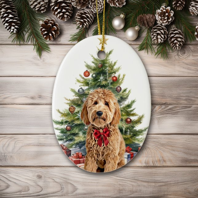 Red Bow Goldendoodle Dog Christmas Ceramic Ornament (Creator Uploaded)
