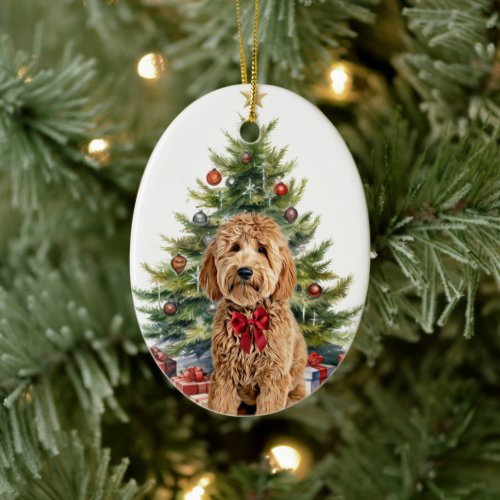 Red Bow Goldendoodle Dog Christmas Ceramic Ornament