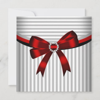 Red Bow Gray Black White Stripe Birthday Party Invitation