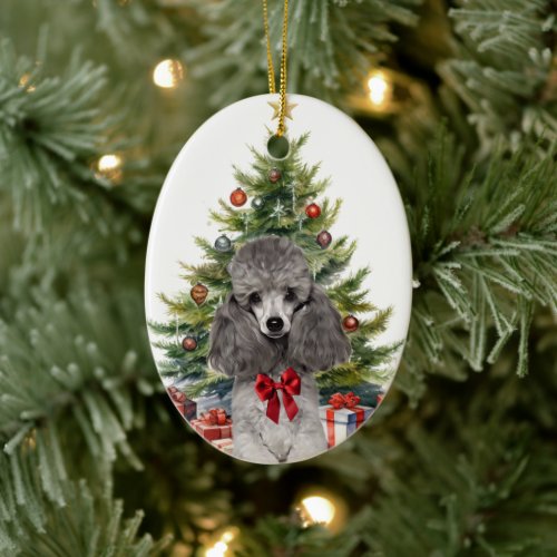 Red Bow Gray Miniature Poodle Dog Christmas Ceramic Ornament