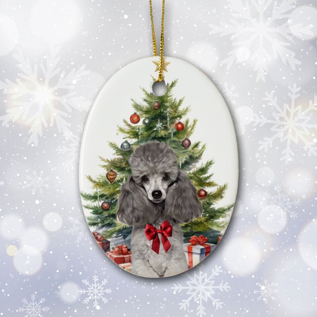 Red Bow Gray Miniature Poodle Dog Christmas Ceramic Ornament (Creator Uploaded)