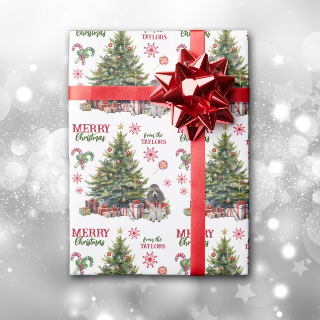 Red Bow Gray Miniature Poodle Dog Holiday Tree Wrapping Paper (Creator Uploaded)