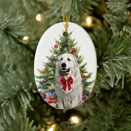 Red Bow Great Pyrenees Dog Christmas Ceramic Ornament