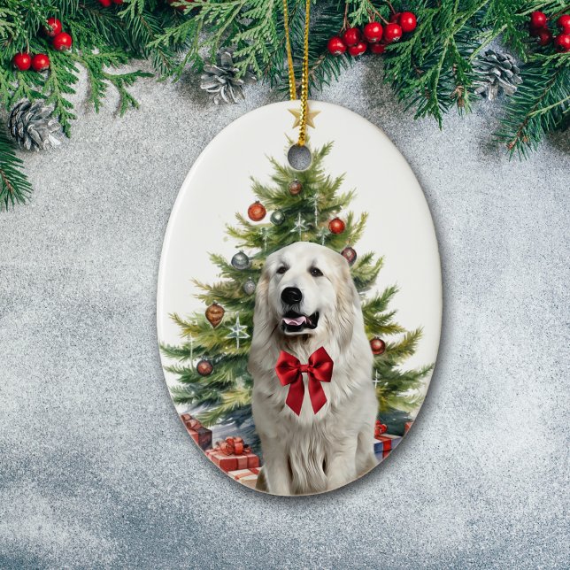 Red Bow Great Pyrenees Dog Christmas Ceramic Ornament (Creator Uploaded)