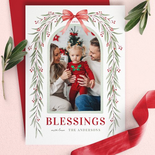 Red Bow Greenery Arch Blessings Christmas Photo Holiday Card