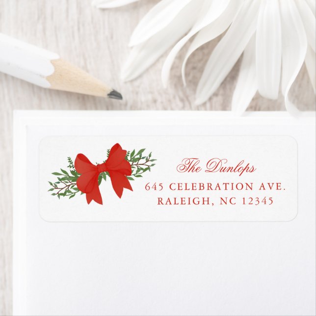 Red Bow Greenery Christmas Holiday Return Address Label (Insitu)