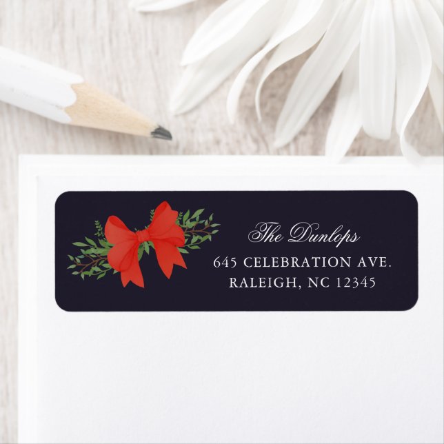 Red Bow Greenery Christmas Holiday Return Address Label (Insitu)