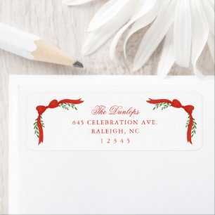 Red Bow Greenery Christmas Holiday Return Address Label