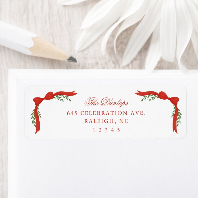 Red Bow Greenery Christmas Holiday Return Address Label (Insitu)