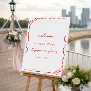 Red Bow Hand Drawn Engagement Party Welcome Sign