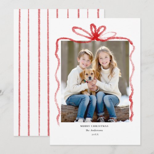 Red Bow Hand Drawn Simple Modern Photo Christmas Holiday Card