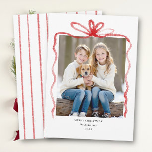 Red Bow Hand Drawn Simple Modern Photo Christmas Holiday Card