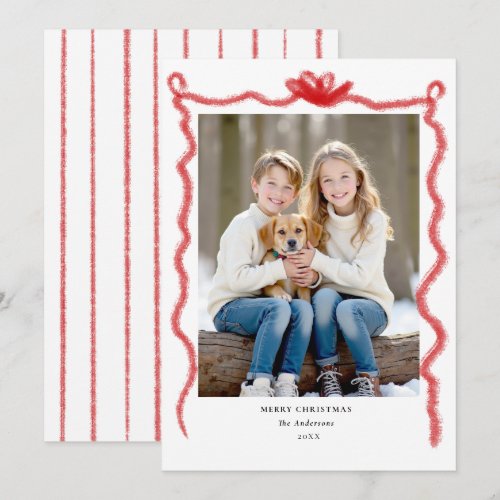 Red Bow Hand Drawn Squiggle Frame Photo Christmas Holiday Card