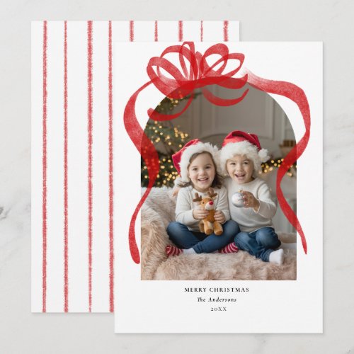 Red Bow Hand Drawn Whimsical Chic Photo Christmas Holiday Card
