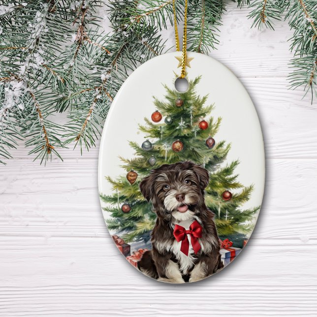 Red Bow Havanese Dog Christmas Ceramic Ornament (Creator Uploaded)