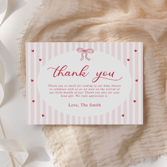 Red Bow Hearts Valentines Baby Shower Thank You Card (Creator Uploaded)
