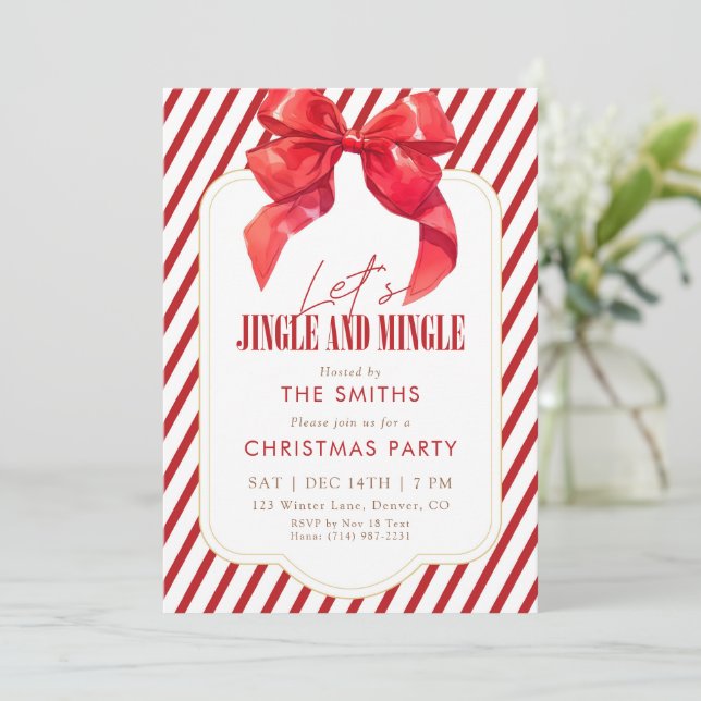 Red Bow Holiday Jingle and Mingle Christmas Party Invitation (Standing Front)