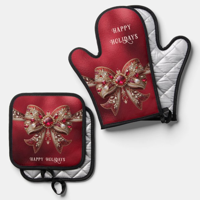 Red Bow Holiday Oven Mitt & Pot Holder Set (Front/Back)