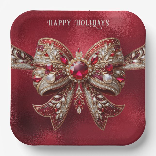 Red Bow Holiday Paper Plate (Front)