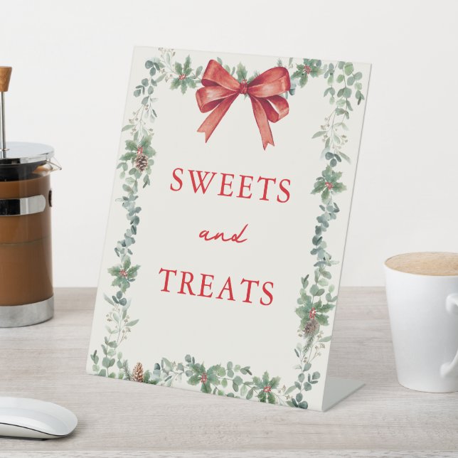 Red Bow Holiday Party Sweets and Treats Pedestal Sign (In SItu)