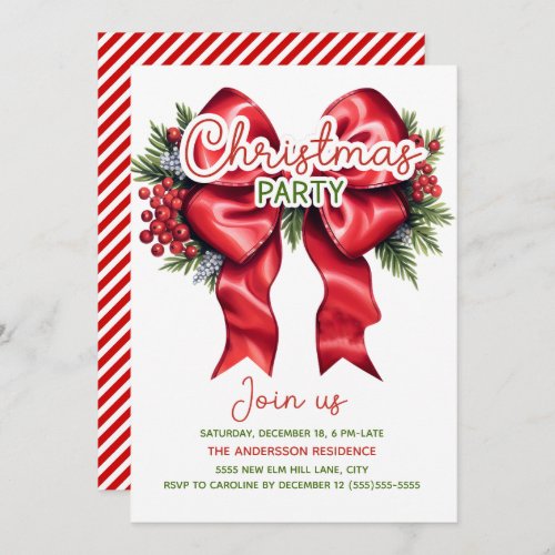 Red Bow Holly Berries Christmas Party Invitation
