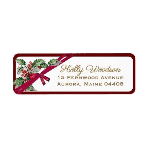 Red Bow Holly Berries Embossed Gold Text Xmas Label