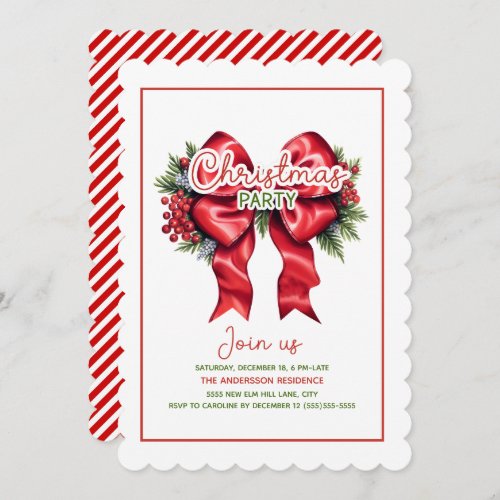 Red Bow Holly Berries Scalloped Christmas Party Invitation