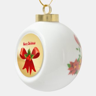 Red Bow & Holly Ceramic Ball Ornament
