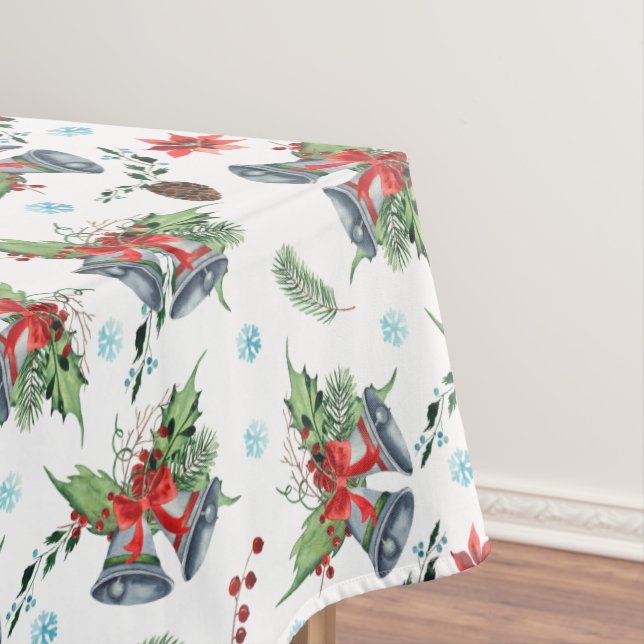 Red Bow Holly Christmas Bells Pattern Tablecloth (In Situ)