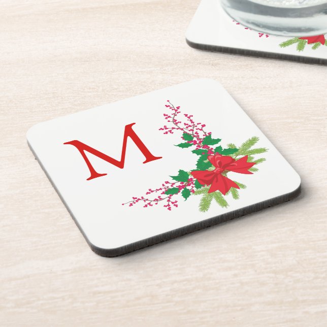 Red Bow Holly Christmas Monogram Beverage Coaster (Left Side)